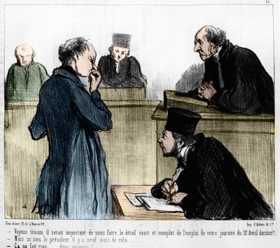 Tegneserie af Daumier: Serie "" Les Gens de justice"" offentliggjort i "" Charivari"" af 04/03/1846. Afhøre et vidne. af Honoré Daumier