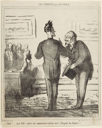 Stille...! Min datter kommer i forbindelse med Dantes ånd!, nummer 1 fra serien Spiritisterne fra Le Charivari af Honoré Daumier