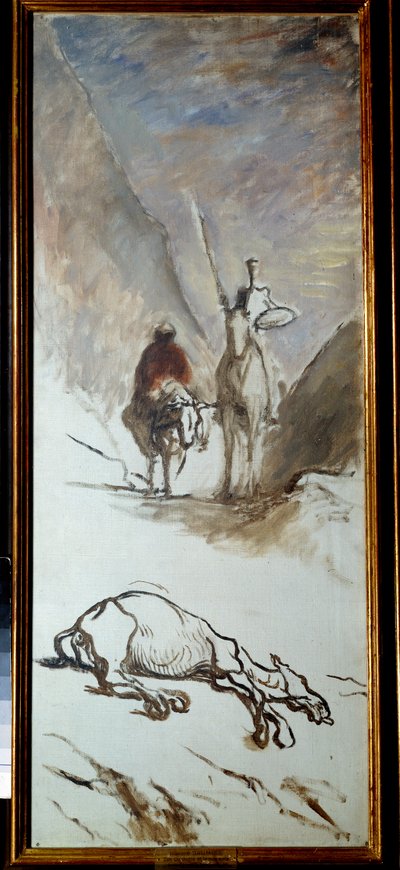 Don Quijote og det døde muldyr Illustration fra romanen af Miguel Cervantes "Don Quixote de la Mancha" (El ingenioso Hidalgo Don Quijote de la Mancha). Maleri af Honore Daumier (1808-1879). 19. århundrede søn. 1,32x0,54 m . af Honoré Daumier