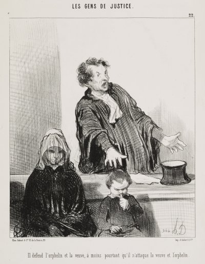 Han forsvarer den forældreløse og enken, medmindre han angriber enken og den forældreløse (Han forsvarer den forældreløse og enken, medmindre han angriber enken og den forældreløse), tavle 22 fra serien Les Gens de Justice (Juristerne) fra tidsskriftet Le af Honoré Daumier
