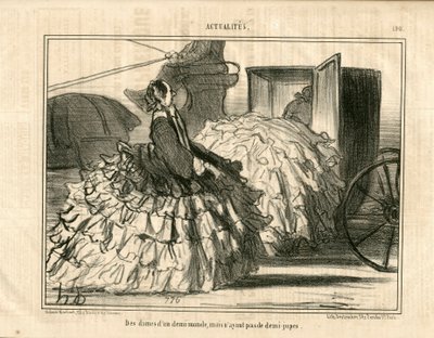 Le Charivari, satirisk i B&B, ca. 1855_5_11: Nyheder n* 190. Damer af en demi-monde, men ikke nederdele. - Mode, Transport, Crinolines - Kvindeillustration af Honore Daumier (1808-1879) af Honoré Daumier