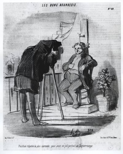 Les Bons Bourgeois - Den mest bekvemme position til at have et flot portræt i daguerreotypien, karikatur af Daumier - i "" Charivari"" af 24/07/1847. af Honoré Daumier