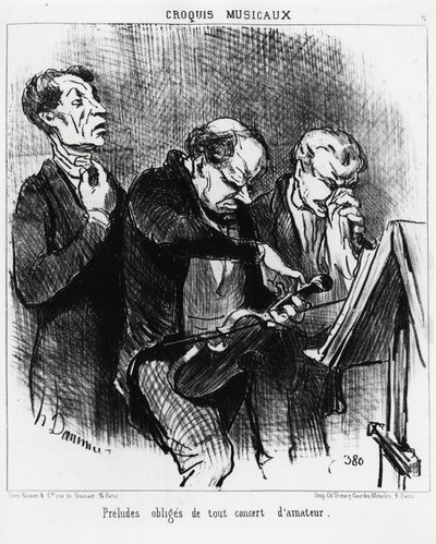 Musikalske sketcher: obligatoriske optakt til enhver amatørkoncert. Tre musikere stræber efter at oplyse deres stemmer, stemme en violin og pudse deres næse med pragt. Illustration d
