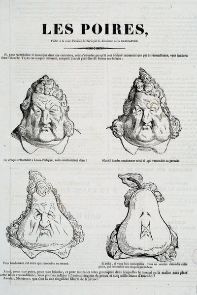 Pærer: Karikatur, der repræsenterer en metamorfose af Louis Philippes ansigt i pære. Tegning af Honore Daumier (1808-1879) efter den originale tegning af Charles Philippon (1806-1862) "" La Caricature"", januar 1832 Paris, Musee Carnavalet af Honoré Daumier