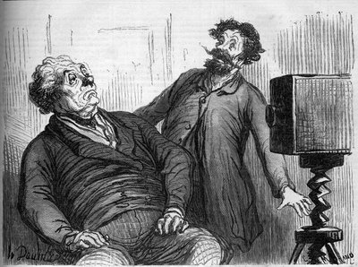 Fotografer og fotografier. Tegnefilm af Honore Daumier (1808-1879). Indgravering i "" Le Monde Illustré"" n¡259 af 29. marts 1862. af Honoré Daumier