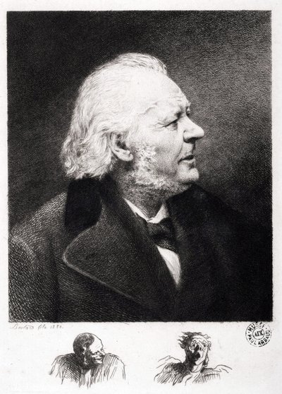 Portræt af Honore Daumier (1808-1879), fransk gravør, maler og billedhugger. Indgravering af søn Boulard af Honoré Daumier