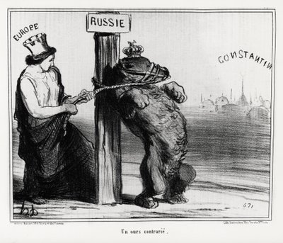 Rusland: en bjørn oprørt (af Europa). I marts 1854 dannede Frankrig og England en alliance med Tyrkiet mod Rusland Illustration af Honore Daumier (1808-1879), offentliggjort i nyhederne "Charivari" af Honoré Daumier