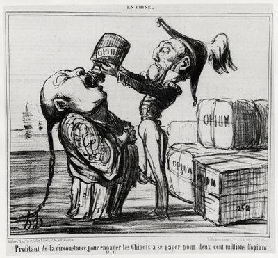 Anden opiumskrig (1856-1860): I 1858 gik den kinesiske regering med på at legalisere handelen med opium. "" Udnyttelse af omstændighederne til at engagere kineserne til at betale for to hundrede millioner opium"", i serien En Chine, illustration af Honore  af Honoré Daumier