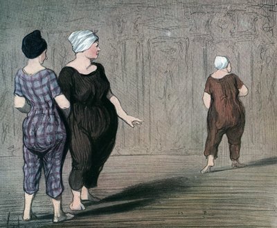Serien "" Les batheuses"" to kvinder i badedragt undersøger snit af en anden, karikatur af Honore Daumier (1808-1879) 1844 (Badegæsterne: to damer iført badedragt, ser op og ned i taljen på en anden) Privat kollektion af Honoré Daumier