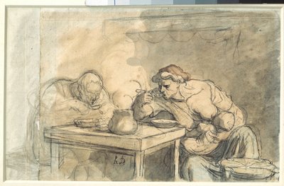 Suppe Et par arbejdere spiser suppe, moderen ammer barnet. Akvarel af Honore Daumier (1808-1879). 1862-1865. Svag. 0,3x0,49 m. Paris, Louvre-museet af Honoré Daumier