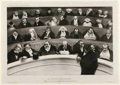 Den lovgivende mave: Udsigt over ministerbænkene i Impromptu-kammeret i 1834 (litografi) af Honoré Daumier