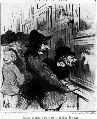 Showets publikum. Kunstnere, der undersøger maleriet af en rival, taget fra "" Paintings and Salons", tegneserieserie af Honore Daumier (1808-1879). “Charivari” af Honoré Daumier
