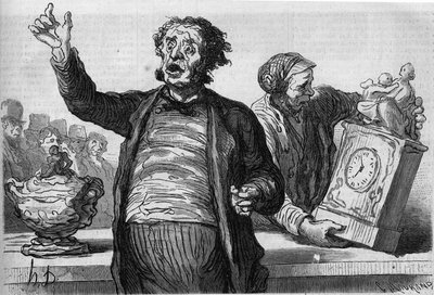 Auktionsledernes hotel: den offentlige udråber. Tegnefilm af Honore Daumier (1808-1879). Indgravering i "" Le Monde Illustré"" nr. 551 af 2. januar af Honoré Daumier