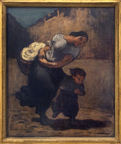 Stormen (lavendel). En kvinde holder en kort kurv med et barn, sandsynligvis for at beskytte sig mod regnen. Kunstværk af Honore Daumier (1808-1879), olie på pap af Honoré Daumier