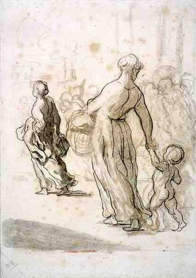 Two Women and a Child, ca. 1848-50 (kridt, kul og gouache på antikt lagt papir) af Honoré Daumier