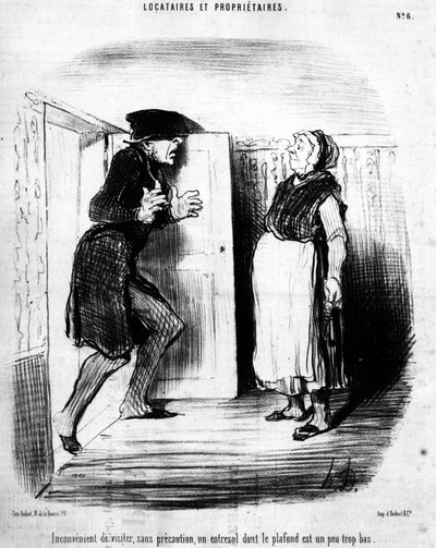 Upraktisk at besøge, uden forsigtighed, en entresol, hvis loft er lidt for lavt, taget fra "" Tenants et Owners"", tegneserieserie af Honore Daumier (1808-1879). “Charivari” af Honoré Daumier