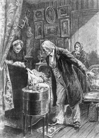 Illustration af Alcide Theophile Robaudi (aktiv 1874-1884) for fætter Pons, roman af Honore de Balzac (1799-1850) fra samling med flere bind med titlen Human Comedy, udgivet i 1900, Paris af Honore de Balzac