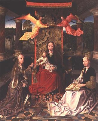 Madonna på tronen med St. Catherine og St. Barbara (olie på lærred) af Hoogstraeten Master