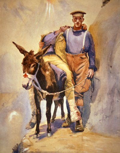John Simpson Kirkpatrick fra den 3. australske feltambulance, der med sit æsel reddede sårede soldater ved Gallipoli i 1915 af Horace Moore Jones
