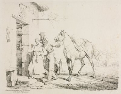 En husar, der omfavner en tjener. af Emile Jean Horace Vernet