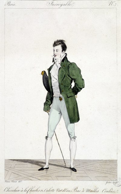 Fantastiske Paris. Manden har Karl XIIs hår, iført vandgrønne trusser og strømmede netstrømper. Illustration af herremode lavet omkring 1810 af Horace Vernet (1789 - 1863). af Emile Jean Horace Vernet