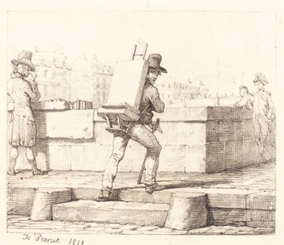 Kunstner bærer staffeli med en litografisk sten af Emile Jean Horace Vernet