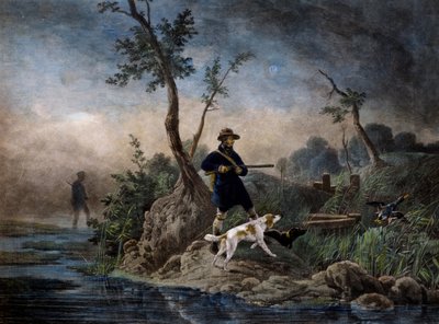 Andejagt i mosen, gravering baseret på maleri af Horace Vernet (1789-1863) af Emile Jean Horace Vernet
