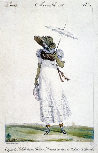 Modegravering af Horace Vernet (1789 - 1863), lavet omkring 1810 til "A Wonderful", forestillende en kvinde, der bærer en ecru baldakin, et blodigt, tartan-broderi og en paraply. af Emile Jean Horace Vernet