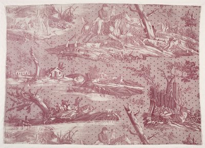 Fragment af kobbertryk i bomuld med motiv af jagtscene af Horace Vernet