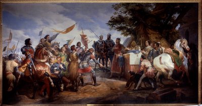 Fransk-engelsk krig (1202-1214): "" slaget ved Bouvines den 27/07/1214, Philippe Auguste sætter Frankrigs krone i spil"" Hun opponerede den franske hær af Philippe Auguste mod flamlænderne og Welfs of Othon IV . Den franske sejr var afgørende i o af Emile Jean Horace Vernet