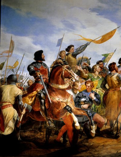 Fransk-engelsk krig (1202-1214): "" slaget ved Bouvines den 27/07/1214, Philippe Auguste sætter Frankrigs krone i spil"" Hun opponerede den franske hær af Philippe Auguste mod flamlænderne og Welfs of Othon IV . Den franske sejr var afgørende i o af Emile Jean Horace Vernet
