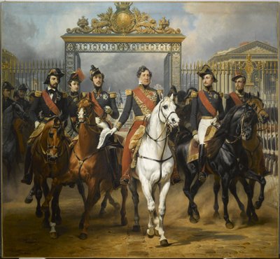 Kong Louis-Philippe omgivet af sine fem sønner på vej ud gennem hovedporten til Château de Versailles efter en militær gennemgang i gårdspladsen, 10. juni 1837. af Horace Vernet