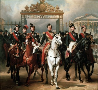 Kong Louis-Philippe omringet af sine fem sønner forlader hovedporten til Versailles-slottet efter at have bestået en militær gennemgang i gårdene af Emile Jean Horace Vernet
