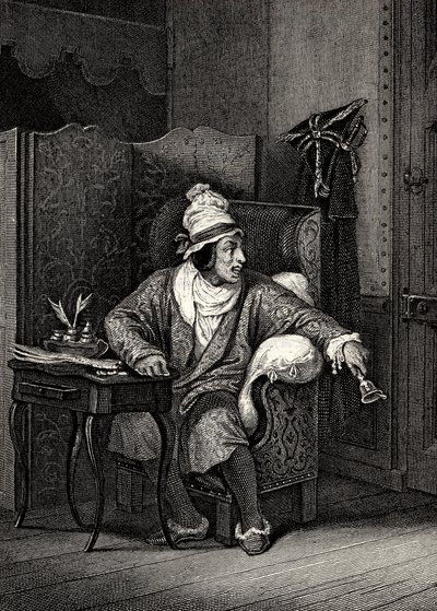 Scene fra The Imaginary Invalid af Moliere, af Horace Vernet, gravering - Le Malade imaginaire af Jean-Baptiste Poquelin dit Moliere (1622-1673) af Emile Jean Horace Vernet