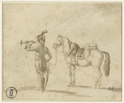Trompetist ved siden af ​​hest af Emile Jean Horace Vernet