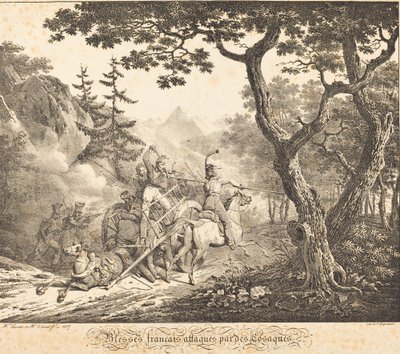 Sårede franskmænd angrebet af en kosak af Horace Vernet and Hippolyte Lecomte