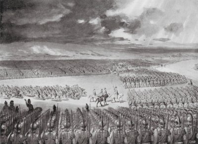 Porus afventer Alexanders angreb, juli 326 f.Kr (litografi) af Horace van Ruith