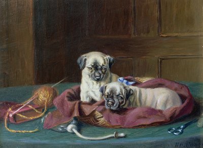 Mopshvalpe i en kurv (panel) af Horatio Henry Couldery