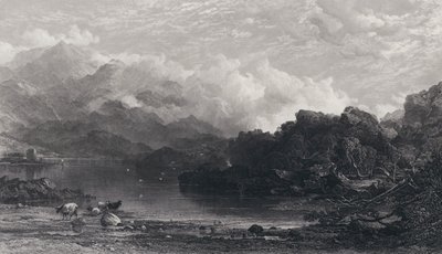 Et højlandslok, tåge hviler på bjerge af Horatio Macculloch