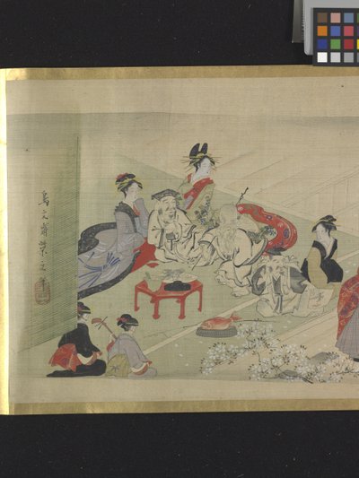 Three Gods Of Fortune On A Pleasure Outing (blæk og lyse farver på papir) af Hosoda Eishi