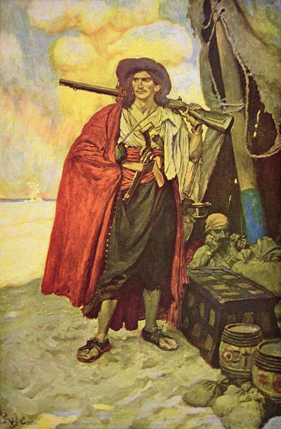 Buccaneer of Hispaniola i Caribien (farve litho) af Howard (after) Pyle