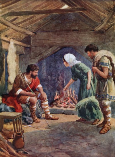 Alfred den Store i den pæne besætnings hytte (farve litho) af Howard Davie