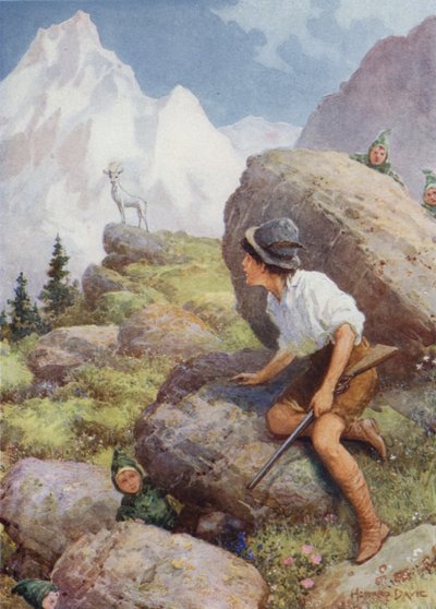 "Han så slatarog stå på en tinde" fra "The Legend of the White Chamois" (farve litho) af Howard Davie