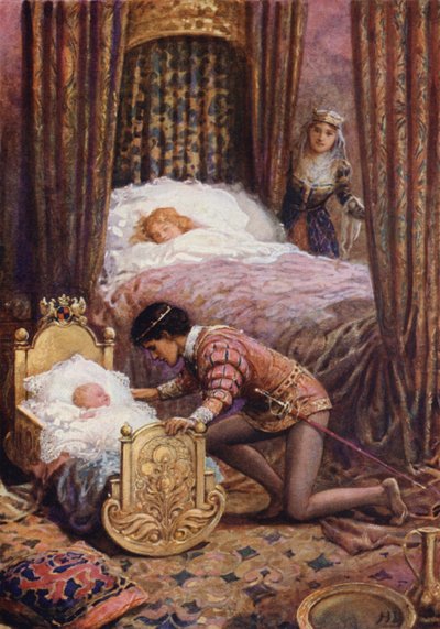 "Han bøjede sig ned for at kysse den lille baby" fra "Luciella" (farve litho) af Howard Davie