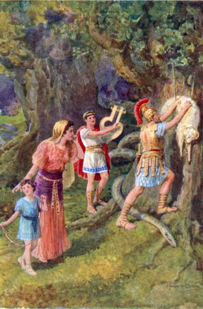 "Jason rev fleece af træstammen" (farve litho) af Howard Davie