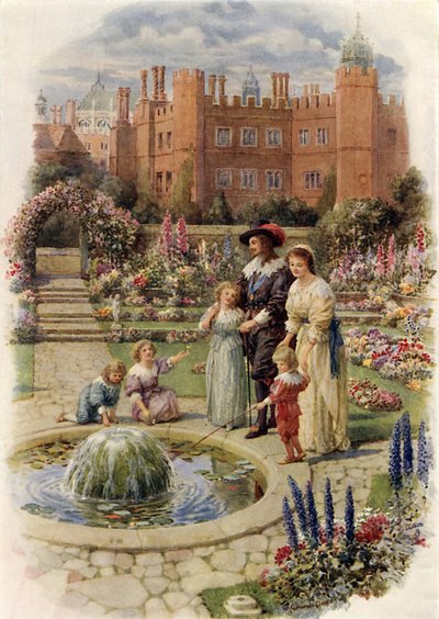 Kong Charles I og dronning Henrietta ved Hampton Court (farve litho) af Howard Davie