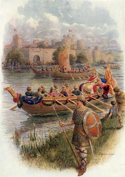 Kong Edgar ved floden Dee (farve litho) af Howard Davie