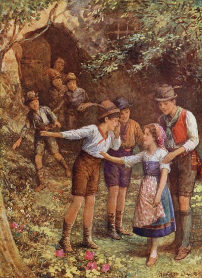 Mortella og hendes syv brødre, fra "The Child of the Myrtle Tree" (farve litho) af Howard Davie