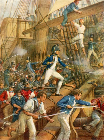Nelson går ombord på San Nicolas (farve litho) af Howard Davie