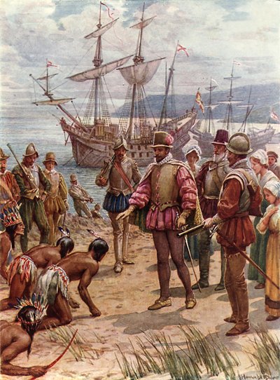 Sir Walter Raleigh lander i Virginia (farve litho) af Howard Davie